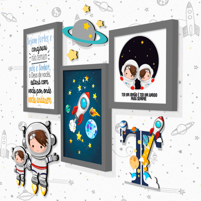 Quadro Infantil Kit Irmãos Astronautas