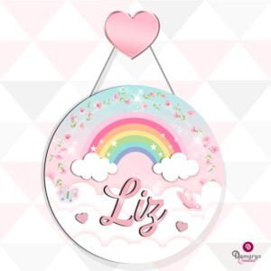 Porta Maternidade Arco-íris e Borboletas Personalizado com Nome em 3D