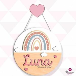 Porta Maternidade Arco-íris e Corações Personalizado com Nome