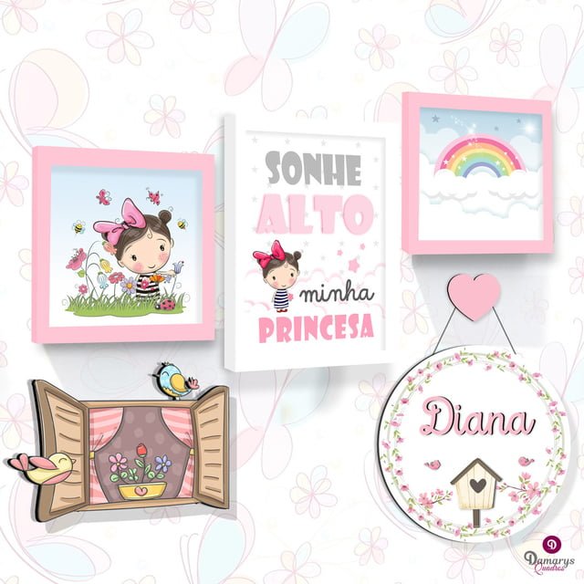 Quadro Infantil Kit Meninha no Jardim