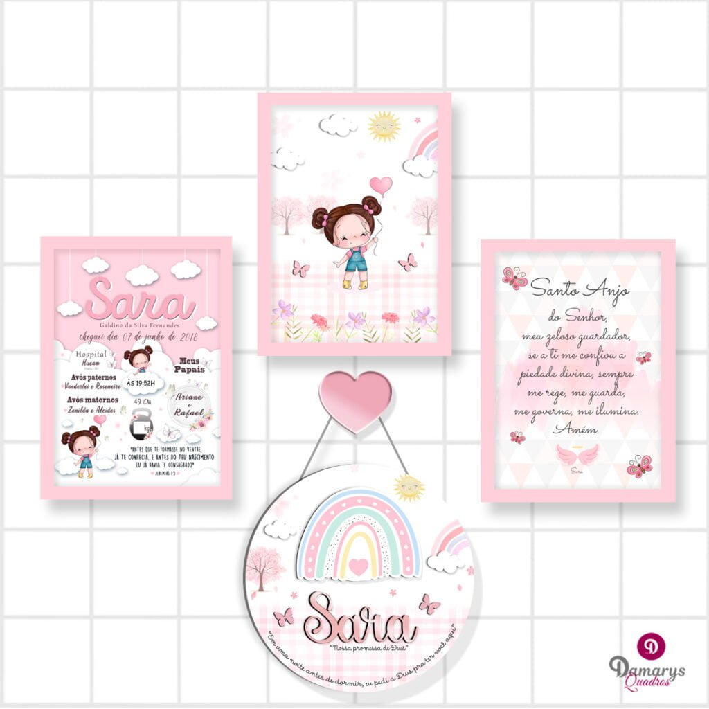 Quadro Infantil Kit Jardim Encantado Rosa