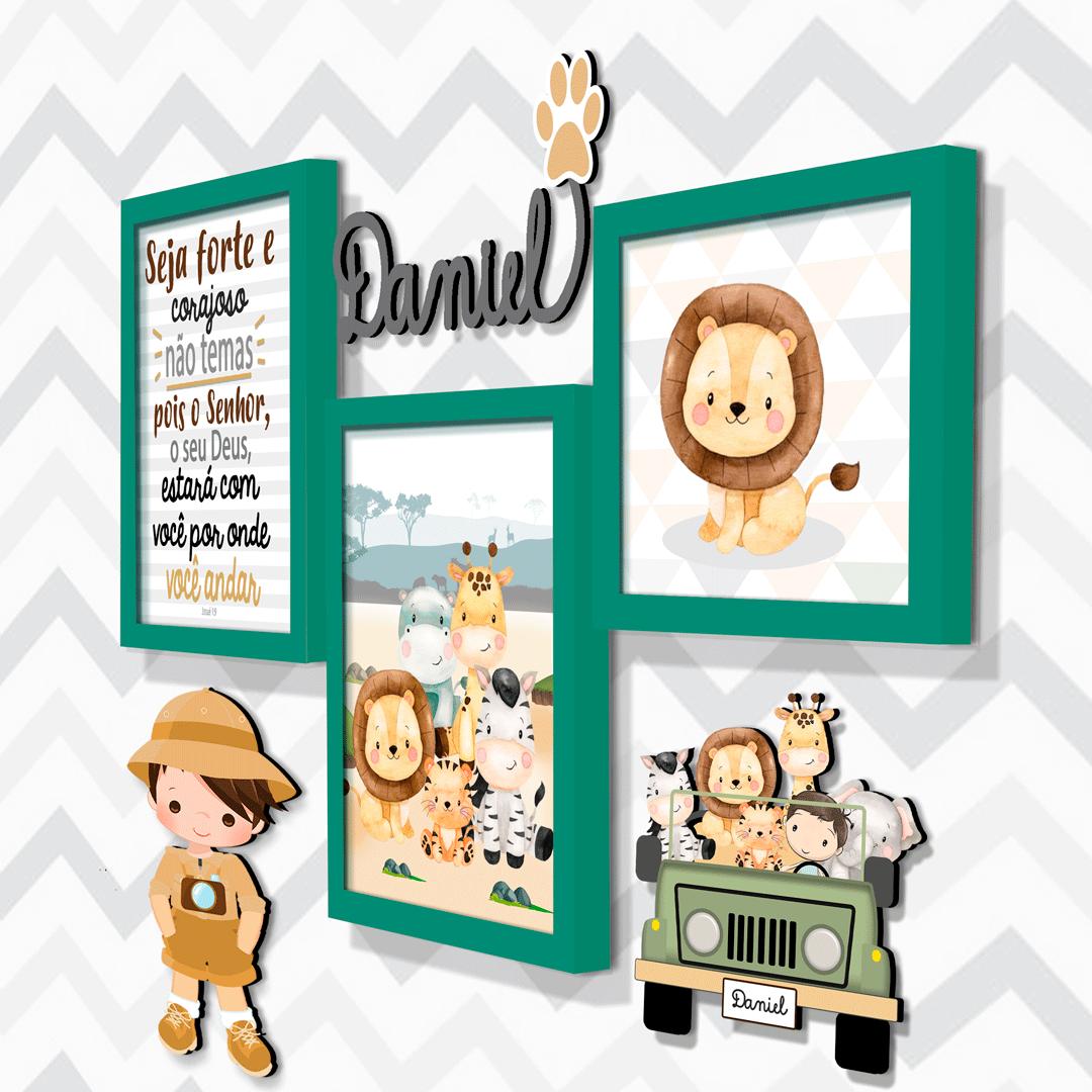 Quadro Infantil Kit Safari Carrinho