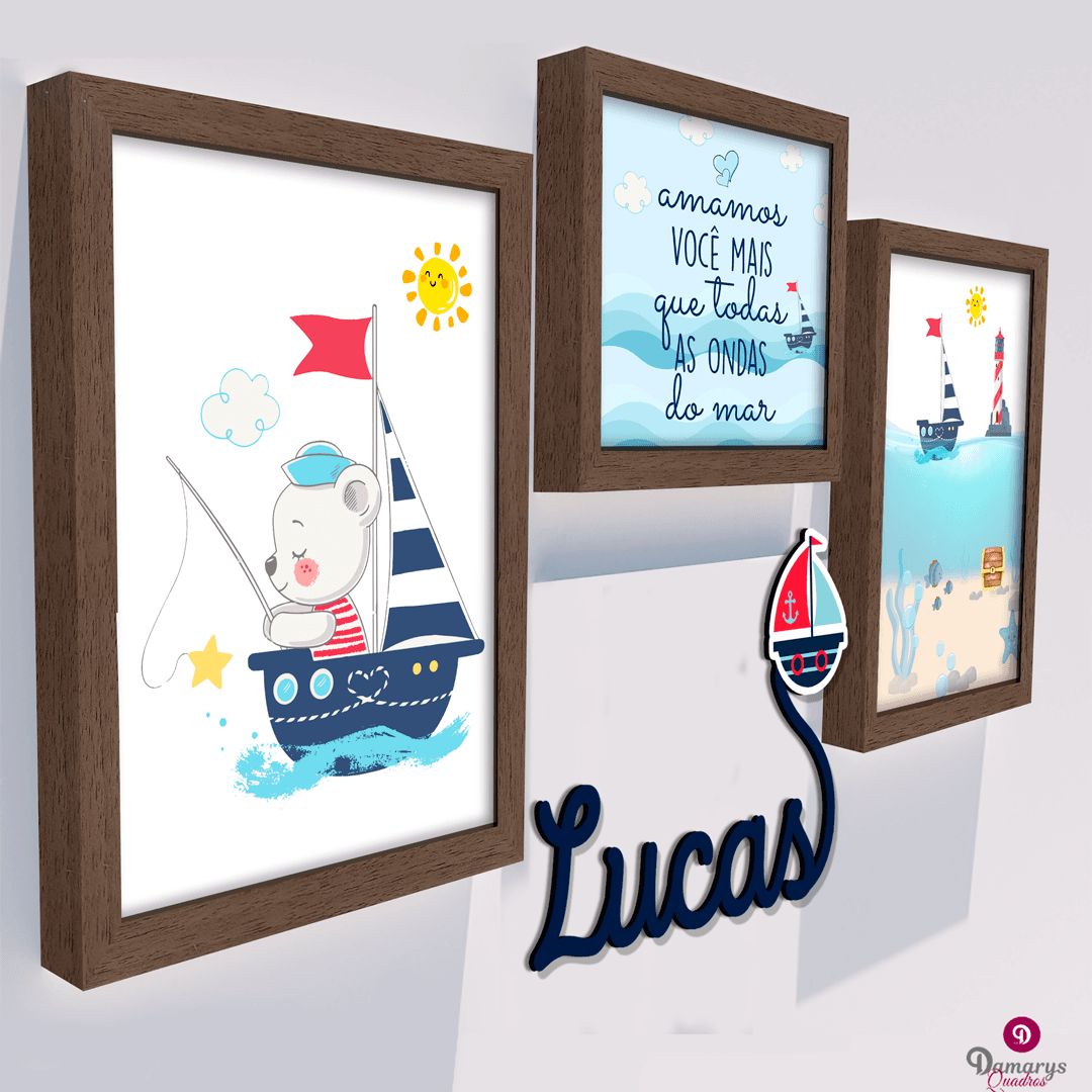Quadro Infantil Kit Ursinho Marinheiro Personalizado com Nome
