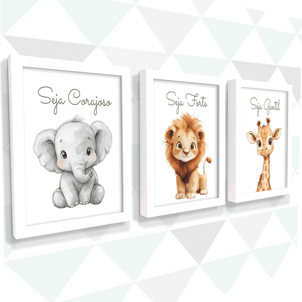 1 Kit de Quadros Infantil Safari Baby: 3 Peças Personalizadas