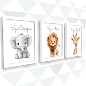 1 Kit de Quadros Infantil Safari Baby: 3 Peças Personalizadas