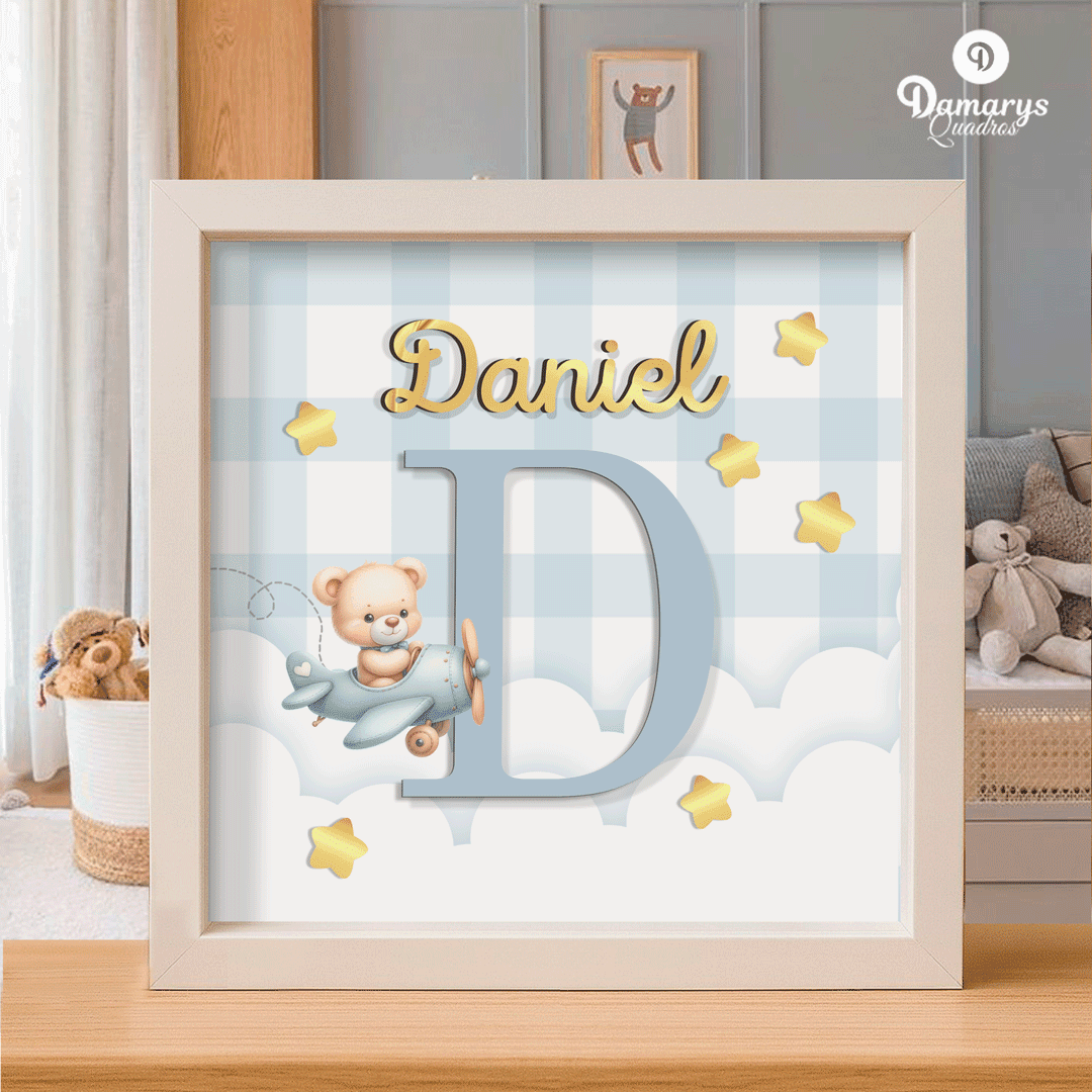 1 Quadro Decorativo Quarto de Bebê: Ursinho Aviador e Nome