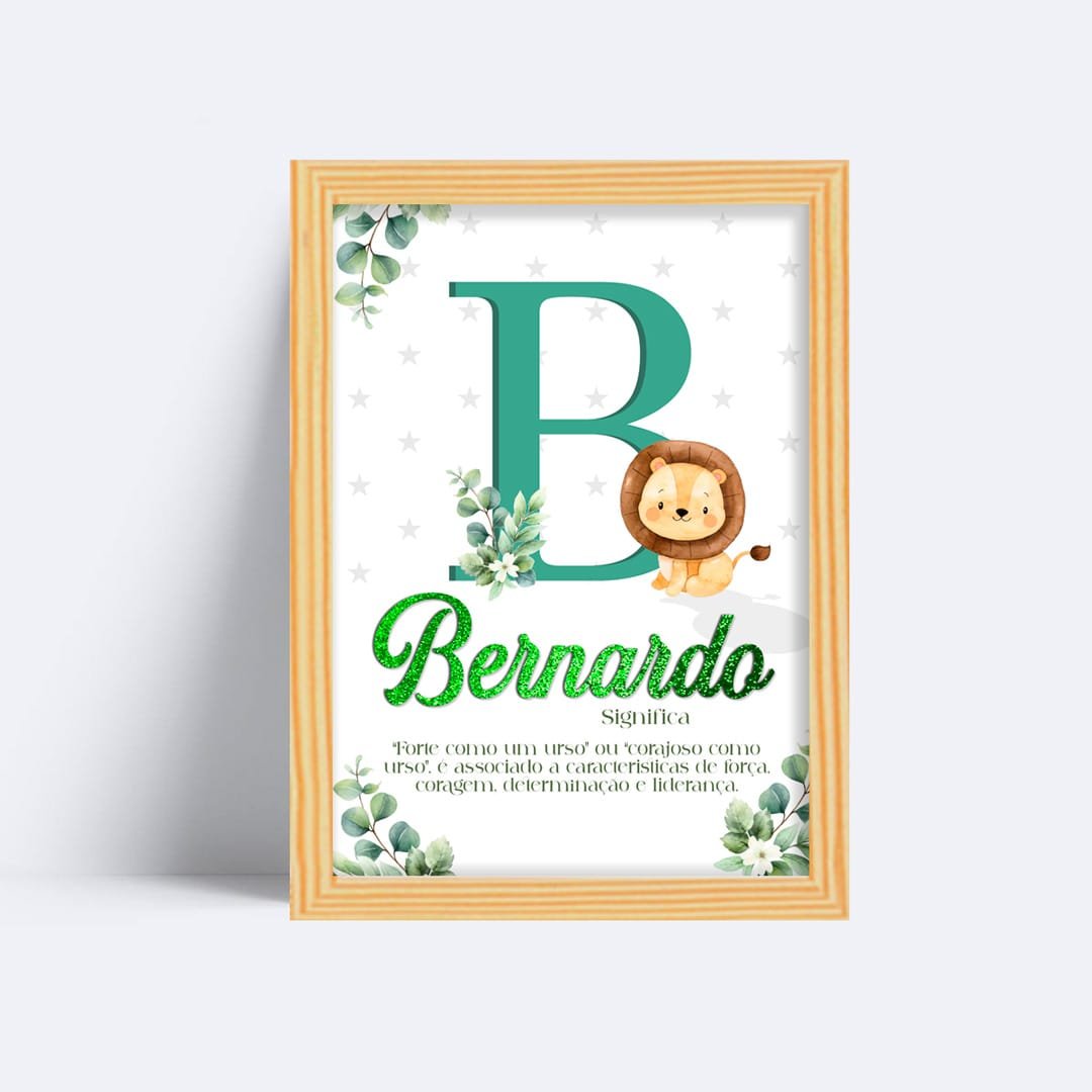 1 Quadro Personalizado Nome Bebê Leão com Inicial e Glitter