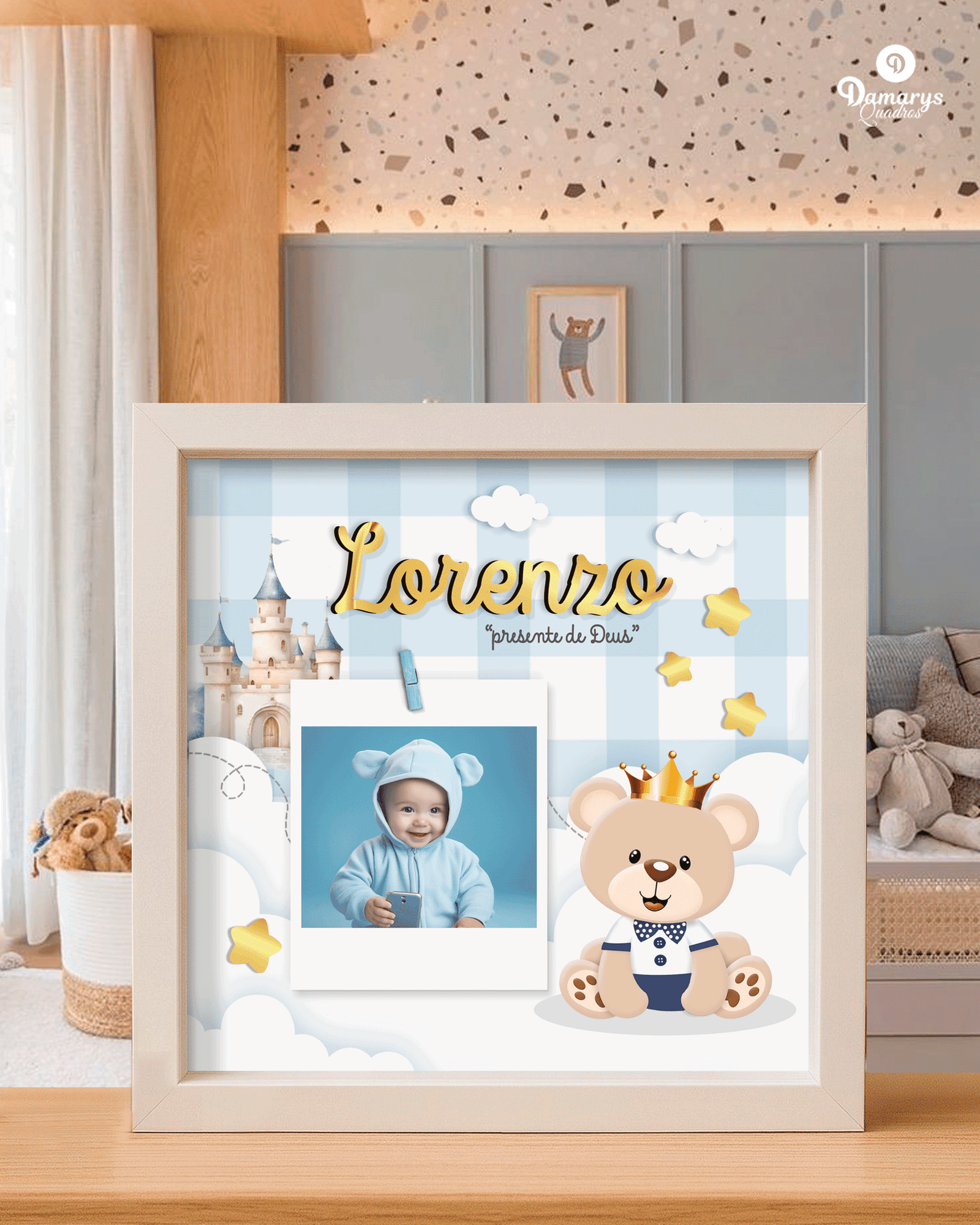 1 Enfeite de Quarto de Bebê: Quadro Ursinho Príncipe e Foto