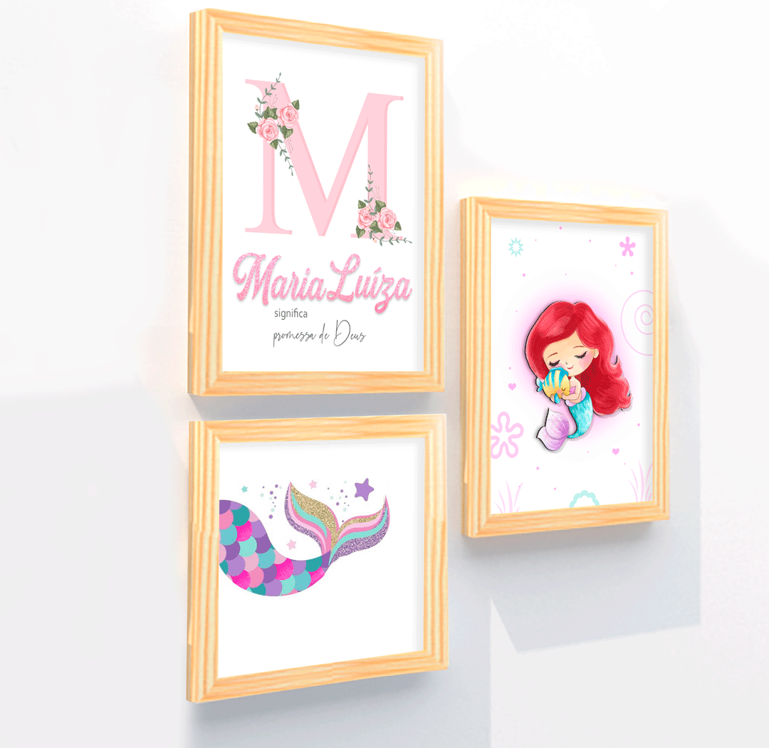 Quadro Infantil Kit Sereia Fundo do Mar personalizado com nome