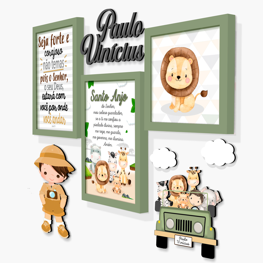 Quadro Infantil Kit Safári Carrinho com nome em MDF e nuvens