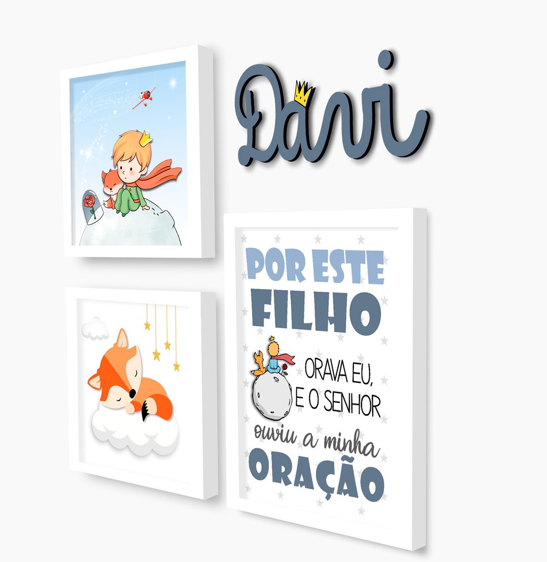 Quadro Infantil Kit Pequeno Príncipe com nome em MDF personalizado